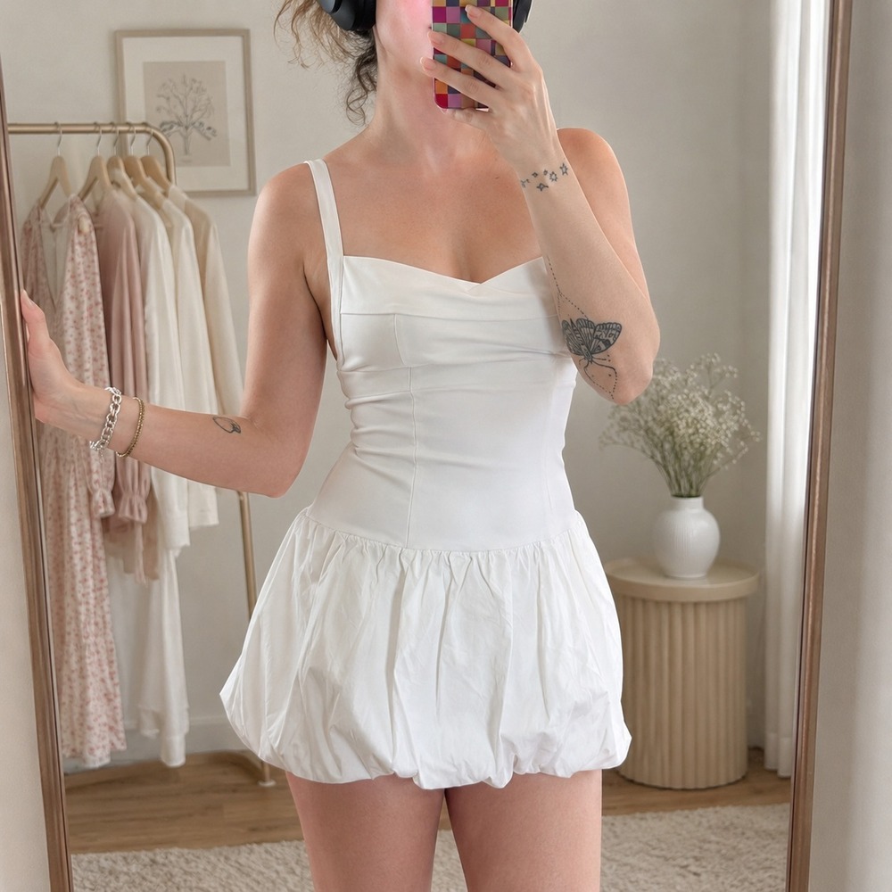 Iris Bubble Hem Mini Dress Womens S White Balletcore Coquette Drop Waist